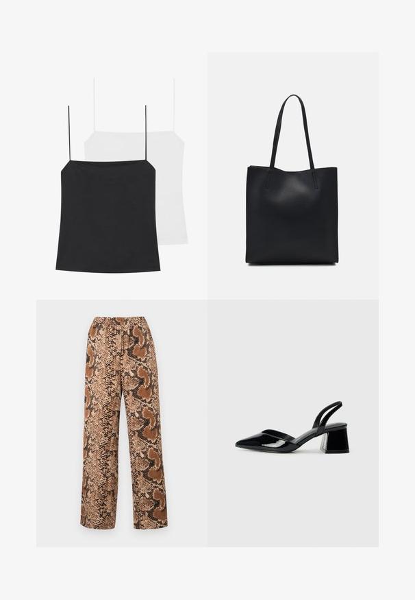 Két camisole top látható: egy fekete és egy fehér. Mindkettő vékony pántokkal és testhez simuló kialakítással rendelkezik, sima, rugalmas anyagból készültek.; Széles lábú nadrág barna és fekete kígyóbőr mintával, elasztikus derékkal és sima felületű textúrált anyaggal.; Fekete lakk bőr szandálkés magas sarkú cipő, hegyes orral és geometrikus tömbsarkakkal. Karcsú, minimalista dizájn és sima textúra jellemzi.; Fekete bőrtáska sima felszínnel, téglalap alakú, két hosszú füllel. Nincs látható fémkiegészítő vagy díszítés.