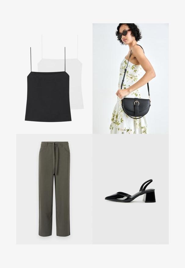 Parādīti divi kamzoli: viens melns un otrs balts. Abiem ir plānas siksniņas un pieguļoša forma, kas izgatavota no gludas, elastīgas auduma.; Olīvu zaļi bikses, izgatavotas no mīksta auduma, ar taisnu griezumu, aizmugures un sānu kabatām, kā arī jostas saišu jostas vietā.; Melna lakota āda ar atvērto papēdi, ar smailu purngalu un ģeometrisku blokpapēdi. Iezīmējas elegants, minimāls dizains un gluda tekstūra.; Melnas ādas rokassoma ar izliekta formu, noņemamu siksnu un zelta aksesuāriem. Somai ir vāciņš ar sprādzes detaļu.