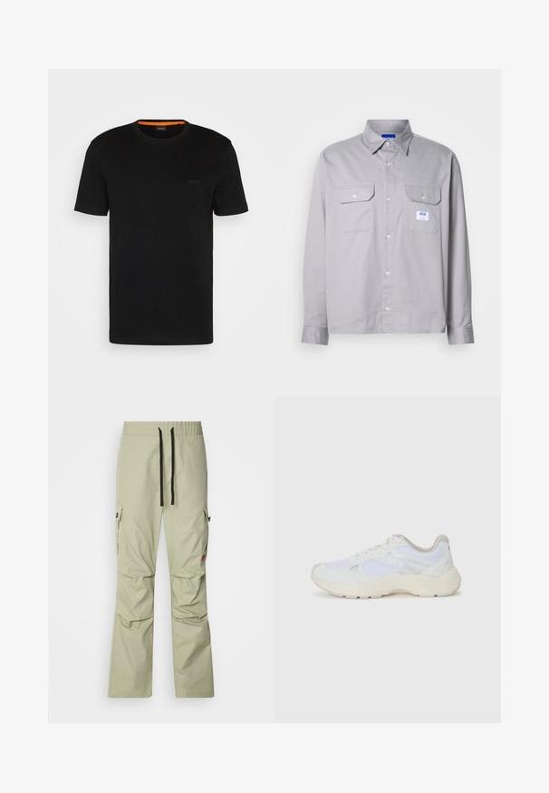 Black short-sleeve t-shirt made of soft fabric, featuring a round neckline and a subtle logo on the front. Inside collar has orange accent.; Gray long-sleeve shirt made of cotton, featuring a button-down collar, two chest pockets, and a small branded label on the left pocket.; Light green cargo pants with a relaxed fit, elastic waistband, black drawstring, two side pockets, and subtle stitching details.; White athletic shoes made of mesh and suede, featuring a textured midsole, textured accents, and "HUGO" logo on the side.