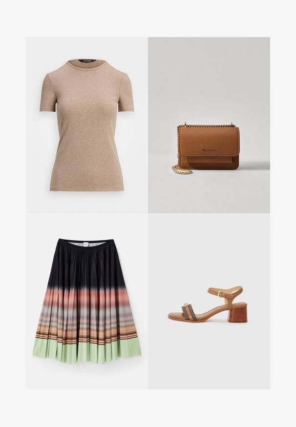 Lauren Ralph Lauren STRETCH COTTON CREWNECK TEE - T-shirt basic - adirondack heather; Plissérokken in zwart met een ombre-gradiënt die van oranje naar mintgroen overgaat aan de zoom, met kleurrijke gestreepte accenten.; Tan hoge hak sandaal met een vierkante neus, twee donkerbruine banden en een gouden gesp. Heeft een gestapelde blokhak en een gladde leren textuur.; Bruine lederen schoudertas met textuur, voorzien van een gouden kettingstrap en klepsluiting. De voorkant heeft een logo-detail en een zak onder de klep.