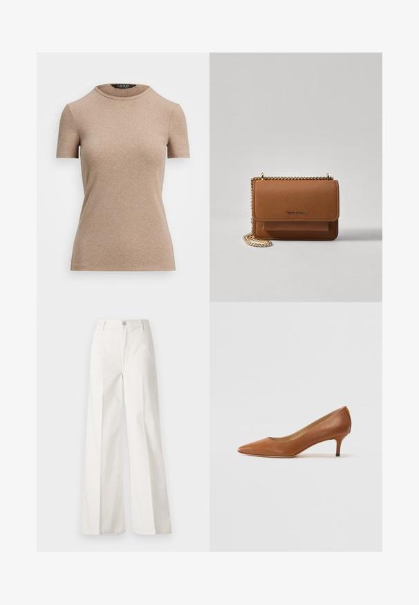 Lauren Ralph Lauren STRETCH COTTON CREWNECK TEE - T-shirts basic - adirondack heather; Hvide vidde bukser lavet af bomuld med en glat tekstur. Har en frontknap, lynlås, og fire-lomme design.; Lauren Ralph Lauren ADRIENNE - Pumps - deep saddle tan; Brun tekstureret læder crossover-taske med guldkæde-rem og klaplukning. Forsiden har logo-detalje og en lomme under klappen.
