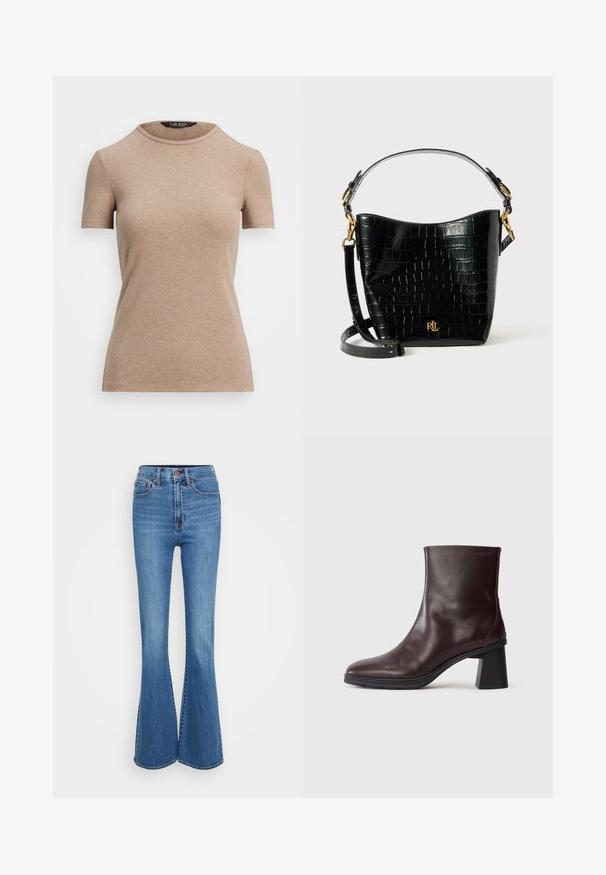 Lauren Ralph Lauren STRETCH COTTON CREWNECK TEE - T-shirt - bas - adirondack heather; Råa blå denimjeans med hög midja, med sydda fickor, metallknapp och en jämn textur. Klassisk femfickdesign.; Mörkbrun läderankelboot med klack och rund tå, visad på en enkel ljusgrå bakgrund.; Svart krokodilpräglad läderväska med en bågformad design, guldfärgade detaljer, en justerbar rem och en logodetalj framtill.