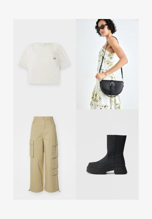 T-shirt corta, de mangas curtas, em algodão off-white. Apresenta um bolso frontal com um logotipo impresso e um decote redondo. Textura suave.; Calças cargo bege com pernas largas, dois grandes bolsos laterais, bolsos frontais e um detalhe de cordão na barra. Tecido misto de algodão.; Bota preta até ao tornozelo com uma sola de plataforma robusta, feita de material sintético liso. Apresenta detalhes de costura e um logótipo de lado.; Bolsa de couro preta com forma curva, alça destacável e detalhes em dourado. A bolsa possui uma aba com detalhe de fivela.