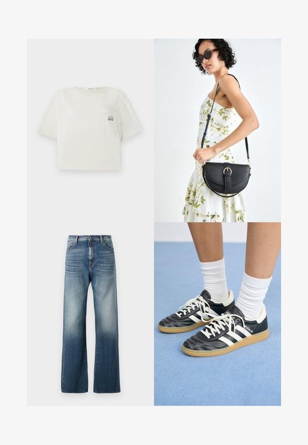 Skraćena majica s kratkim rukavima u boji slonovače od pamuka. Ima prednji džep s otisnutim logom i okrugli izrez. Glatka tekstura.; Široke plave traperice s izblijedjelim finišem, s dugmetom za zatvaranje i klasičnim dizajnom od pet džepova. Glatka tekstura kroz cijeli materijal.; Crne kožne atletike s bijelim trakama, okruglim prstima, bijelim vezicama i gumeni potplat. Naglašene jastučićem oko gležnja i detaljima s brandingom.; Crna kožna torba s lukovitim oblikom, odvojivim remenom i zlatnim detaljima. Torba ima preklop s kopčom.