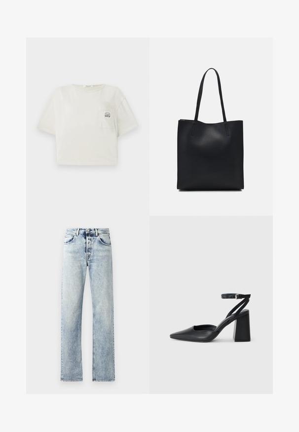 Zkrácená, krátkosrstá tričko v off-white bavlně. Obsahuje přední kapsu s potiskem loga a kulatým výstřihem. Hladká textura.; Světle modré džíny z denimu se střihovým designem s rovnými nohavicemi. Mezi funkce patří pět kapes, poutka na pásek a třepený lem na spodním okraji.; Černé kožené lodičky se špičatou špičkou, kotníkovým páskem a silným podpatkem. Hladká textura, elegantní design a minimalistická estetika.; Černá kožená taška přes rameno s hladkým povrchem, obdélníkovým tvarem a dvěma dlouhými uchy. Žádné viditelné kování ani ozdoby.