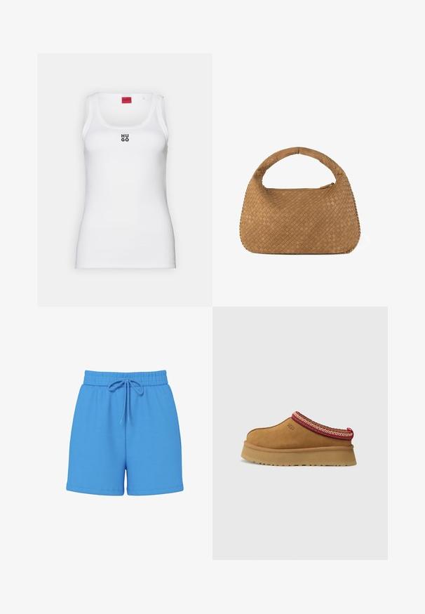 Balts tīrās kokvilnas topiņš ar vienkāršu dizainu, noapaļots dekoltē un melns "HUGO" logo centrā. Gluda tekstūra.; Zili kokvilnas šorti ar elastīgu jostu un auklu. Gluda tekstūra, virs ceļgaliem, bez redzamām rakstiem vai akcentiem.; Brūni zamšs iegriežamie apavi ar sarkanu un krēmīgu rakstu apdari, strukturētu zoli un UGG logotipu malā. Iezīmē vieglu platformas augstumu.; Austa tan krāsas rokassoma ar noapaļotu rokturi, izgatavota no mīkstas ādas. Tajā ir rāvējslēdzēja aizdare un sarežģīts groza pinuma raksts.