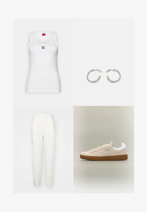 Biely tielko z bavlny, s jednoduchým dizajnom a zaobleným výstrihom, s čiernym logom "HUGO" v strede. Hladká textúra.; Krémové nohavice s elastickým pásom, bočnými vreckami a voľným strihom. Vyrobené z mäkkej tkaniny s hladkým povrchom.; Béžové semišové tenisky s bielymi akcentmi a gumovou podrážkou. Vyznačujú sa vystúpeným logom na boku a kontrastnými béžovými šnúrkami. Klasický dizajn.; Strieborné kruhové náušnice s hladkým, zaobleným dizajnom a elegantným, lesklým povrchom. Majú minimalistický tvar s jemným otvorom.