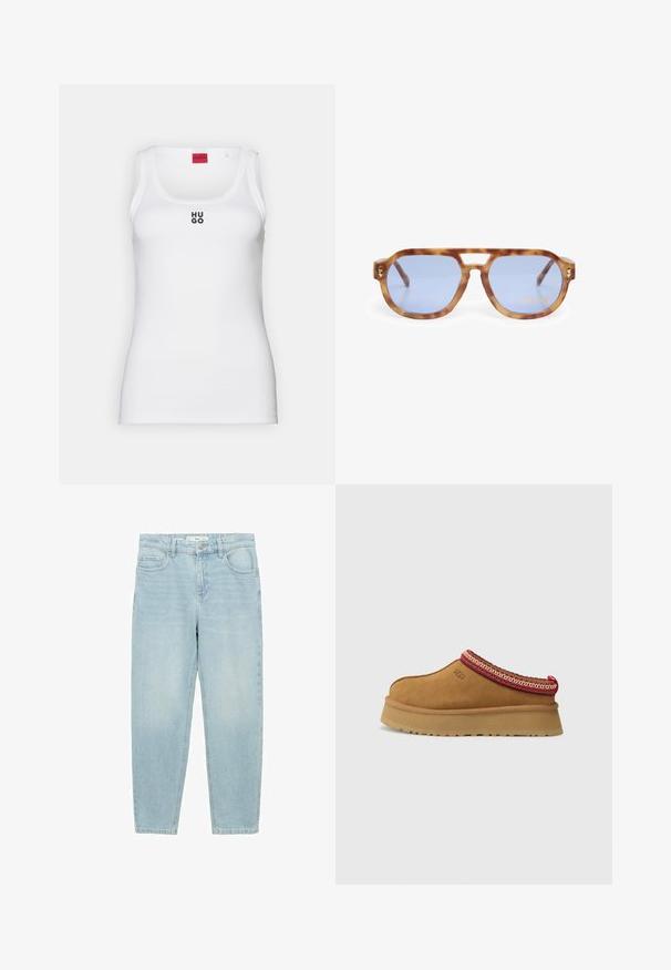 Bijela majica bez rukava od pamuka, jednostavnog dizajna s okruglim izrezom i crnim "HUGO" logotipom na sredini. Glatka tekstura.; Svijetloplave traperice s ravnim krojem, dizajn s pet džepova, prednje kopčanje na dugme i blago izblijedjela tekstura.; Smeđe zamšaste cipele na sklizanje s crveno-cream uzorkom oko ruba, teksturiranim potplatom i UGG logom sa strane. Imaju blagu platformu.; Naočale u kornjačastoj boji s plavim staklima, uglasti dizajn, deblji okvir i rez na nosnom mostu; sadrže zlatni naglasak na sljepoočnici.; Woven torba u boji bake s ovalnom drškom, izrađena od meke kože. Ima zatvaranje na patentni zatvarač i složen uzorak košarice.