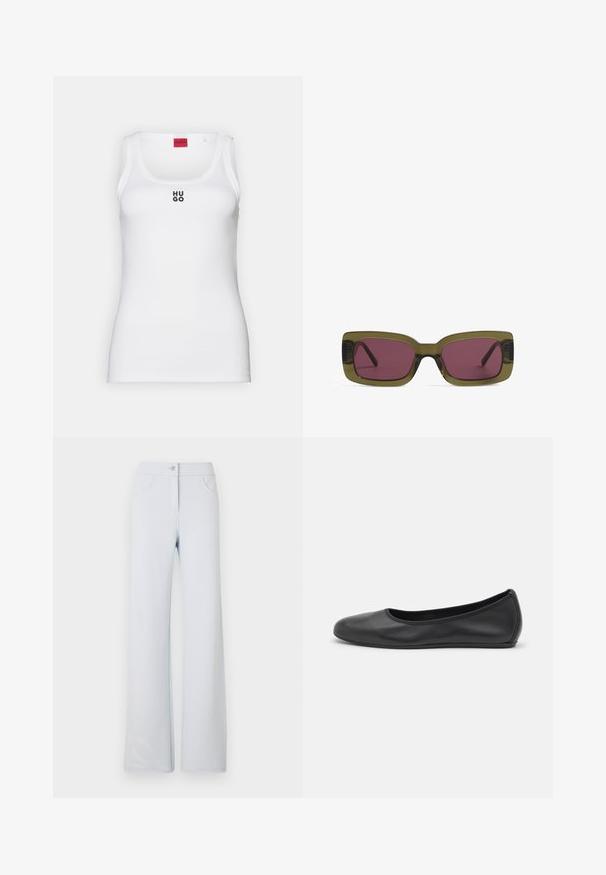 Witte tanktop van katoen, met een eenvoudig ontwerp, een ronde halslijn en een zwart "HUGO" logo in het midden. Gladde textuur.; Lichtblauwe wijde broek van zacht stof, met een voorknopsluiting, riemlussen en twee zijzakken. Glad textuur en eenvoudig ontwerp.; Zwarte leren ballerina met een ronde neus, gladde textuur, minimale stikdetails en een flexibele zoolontwerp.; Rechthoekige zonnebril met een olijfgroene montuur en dieproze glazingen. Het frame heeft een glanzende afwerking, terwijl de armen strak en recht zijn.