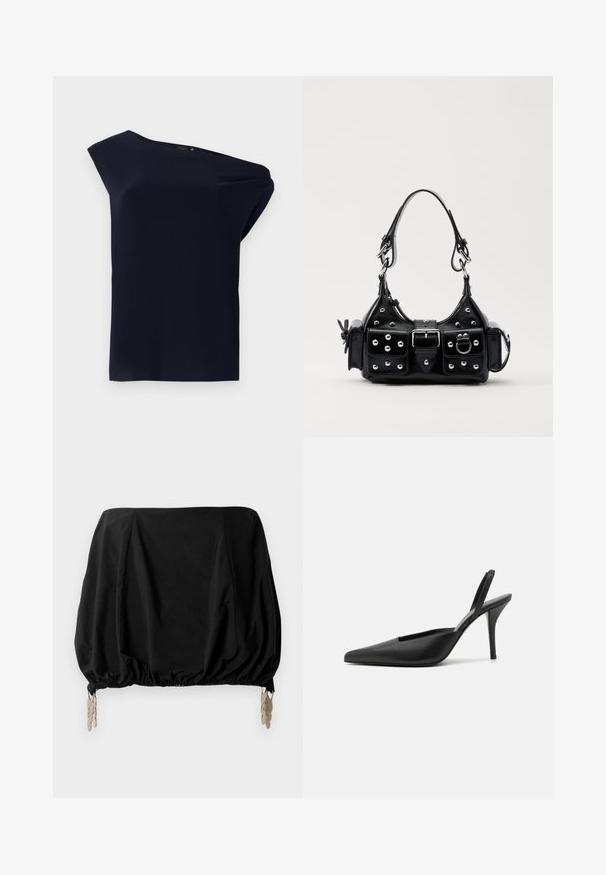Top assimétrico preto feito de um tecido liso com um ligeiro caimento. Apresenta um design de um só ombro e detalhes mínimos.; Top corto preto com um design franzido, apresentando uma bainha elástica e clipes metálicos como accents. Feito de um tecido leve.; Sapatos de salto aberto pretos com biqueira afiada, material de couro suave e um design elegante e minimalista. Salto alto de agulha.; Bolsa de couro preta com um design curvado, apresentando tachas prateadas, uma fivela e dois bolsos laterais. Alça ajustável para opções de transporte.