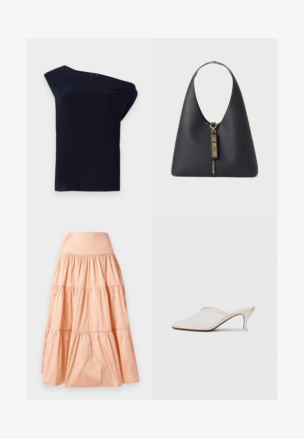 Asimetrisks melns tops, kas izgatavots no gludas auduma ar vieglu drapēšanu. Ievērojams ar vienu plecu dizainu un minimālu detalizāciju.; Persiku krāsas, slāņots svārku modelis, izgatavots no viegla materiāla. Tam ir plata josta un maiga krokota tekstūra visā virsmā.; Baltas austs punka purngals mūlis ar šauru vidēji augstu papēdi un uzvelkamu dizainu uz vienkārša fona.; Melnas ādas plecu soma ar plašu siksnu, zelta aparatūru un diviem piekārtiem birkām ar uzrakstu "LOVE MOSCHINO" zelta burtiem.