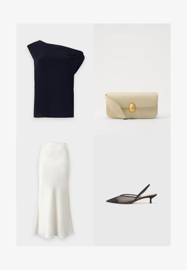 Top assimétrico preto feito de um tecido liso com um ligeiro caimento. Apresenta um design de um só ombro e detalhes mínimos.; Saia midi de seda em off-white com bainha evasé. Textura suave, cintura ajustada e detalhes de costura discretos na parte superior.; NEOUS IRENA - Saltos clássicos - black; Bolsa de mão em pele bege com uma textura lisa, forma retangular e um fecho oval dourado. Possui uma alça longa e ajustável.