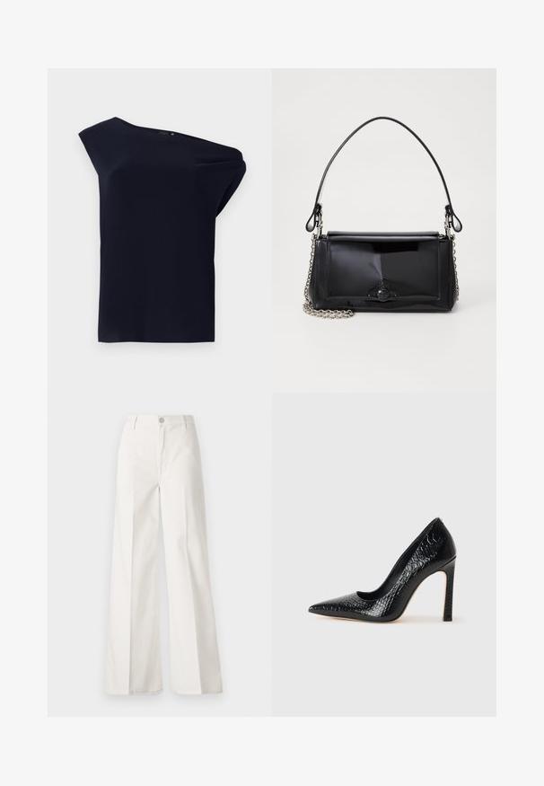 Top assimétrico preto feito de um tecido liso com um ligeiro caimento. Apresenta um design de um só ombro e detalhes mínimos.; Calças largas brancas feitas de algodão com uma textura suave. Apresenta um botão frontal, fecho de correr e um design de quatro bolsos.; Sapato de salto alto de bico fino preto com textura de pele de crocodilo, apresentando um design elegante, salto agulha alto e interior preto suave.; Bolsa de mão em verniz preto com formato retangular, alça de corrente e um detalhe de hardware distinto no centro. Textura suave.