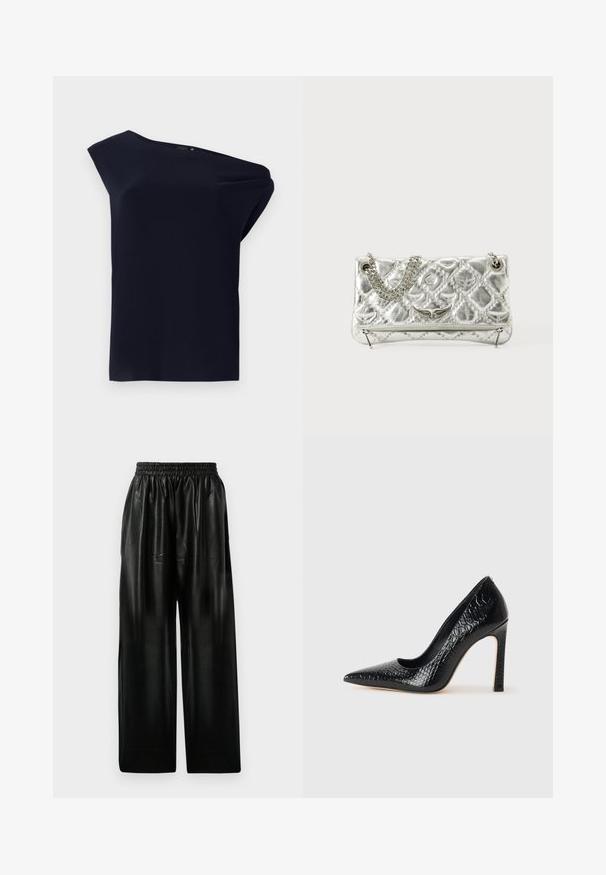 Top asymétrique noir en tissu lisse avec un léger drapé. Présente un design à une épaule et des détails minimalistes.; Pantalons larges en cuir noir avec une ceinture élastique, dotés de deux poches latérales et d'une texture lisse et brillante.; Escarpin noir à bout pointu avec texture en cuir de crocodile, présentant un design élégant, un haut talon aiguille et un intérieur noir lisse.; Sac à main en métal argenté avec une poignée en chaîne, texture matelassée, couture décorative et fermeture éclair. Présente des accents embossés sur le devant.