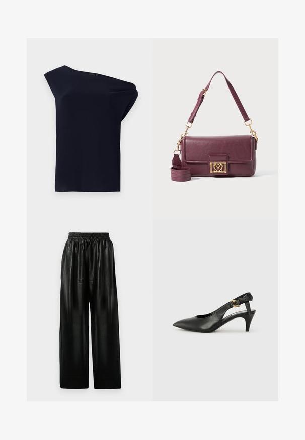 Asimetričen črn top iz gladkega blaga z blagim draperjem. Ima enostransko zasnovo in minimalne podrobnosti.; Črne usnjene hlače širokega kroja z elastičnim pasom, ki imajo dve stranski žepi in gladko, sijočo teksturo.; Črne usnjene slingback pumpe z usnjatim vrhom, majhnim peto in sponko na trakcu okoli gležnja. Gladka tekstura, minimalistična zasnova.; Temno vijolična usnjena torba za ramo z zlatim ključavničnim zapiranjem v obliki srca in nastavljivim zgornjim trakom na beli podlagi.