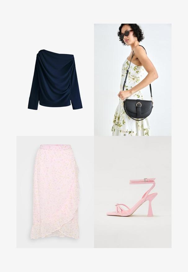Marineblå off-the-shoulder top lavet af blødt stof, med draperede detaljer og lange ærmer med brede manchetter.; Vero Moda Petite VMSMILLA WRAP SKIRT - Tubenederdele - pink a boo/aura; Lyserøde hælede sandaler med en spændende rem-design og ankelspænde. Har et dekorativt element ved tæerne og et moderne, aflangt hældesign.; Sort læderhåndtaske med en buet form, aftagelig rem og guldfinish. Tasken har en klap med en spænde detalje.