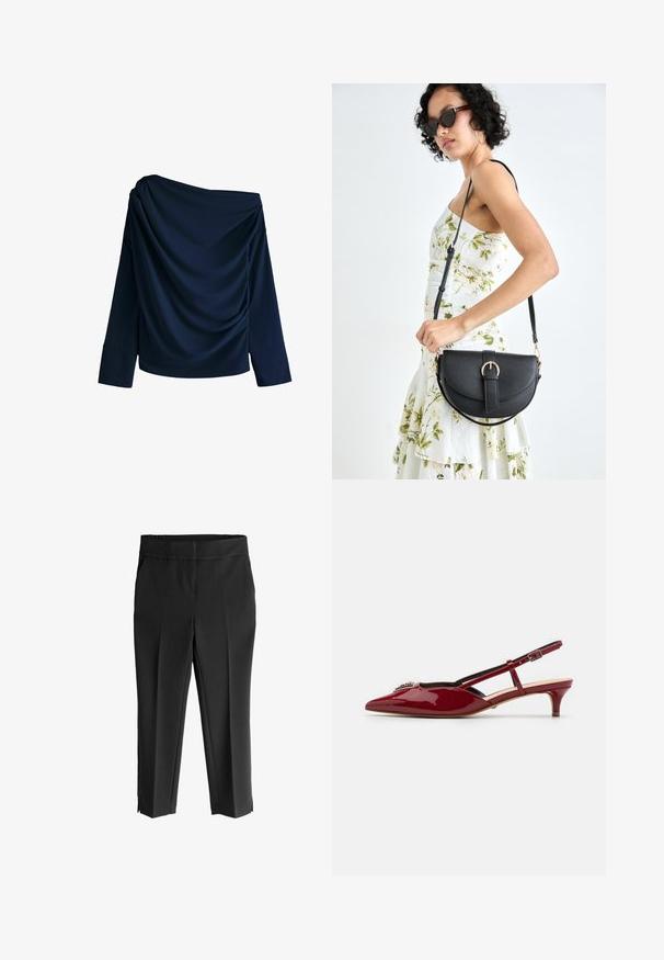 Süvatsin veega õlalt avatud topp, mis on valmistatud siledast kangast, millel on voolavad detailid ja pikad varrukad, millel on laiad mansetid.; Mustad, veniv traksid laia elastse vöökoha ja sirge lõikega. Ankleid kaunistavad külgmised lõhed mugavuse tagamiseks.; Punane patendilehest slingback kingad terava ninaga, madala kontsaga, reguleeritava rihmaga ja dekoratiivse hõbedase pandlaga vampiiri osas.; Mustmust mustraha kõverate joontega, eemaldatava rihmaga ja kuldsete detailidega. Kotil on klapp, millel on pandladetail.