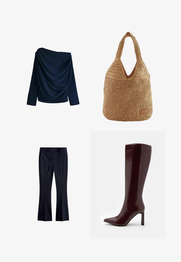 Marine off-shoulder top van gladde stof, met draperingen en lange mouwen met brede manchetten.; Navyblauwe uitlopende broeken gemaakt van gladde stof, met riemlussen, zijzakken en een rechte voorkant. Potloodsnit bij de benen.; Even&Odd Laarzen - dark red; Geweven strooien tas met een slonzig model, tankleur, V-vormige opening en een leren accentlabel aan de onderkant. Zachte textuur.