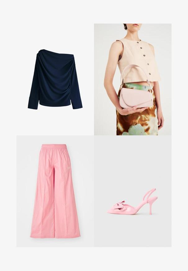 Jūras spēku off-the-shoulder tops, izgatavots no gludas auduma, ar drapētajām detaļām un garām piedurknēm ar plašām aprocēm.; Rozā platajā kājās bikses, kas izgatavotas no viegla auduma, ar elastīgu jostasvietu un smalkām baltām sānu svītrām. Mazs logo priekšā.; Rozā patentētu ādas slingu papēžu kurpes ar norādītu purngalu, dekoratīvu loku priekšā un plānu stiletto papēdi. Gluda tekstūra.; Rozā ādas rokassoma ar izliekto vāku, vienu plecu siksnu un vienkāršām līnijām. Soma izceļas ar gludu tekstūru un minimālistisku dizainu.