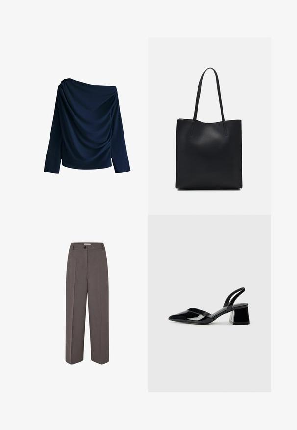 Mornarska off-the-shoulder majica izrađena od glatkog materijala, s drapiranim detaljima i dugim rukavima s širokim manžetama.; Smeđe hlače širokih nogavica visokog struka s prednjim naborima, peteljkama za remen, zatvaranjem na dugme i glatkom teksturom tkanine.; Crne lakirane kožne sandale s otvorenom petom i špicastim vrhom, s geometrijskom blok petom. Imaju elegantan, minimalistički dizajn i glatku teksturu.; Crna kožna torba za nošenje s glatkom teksturom, pravokutnim oblikom i dvije duge ručke. Nema vidljivih metalnih dijelova ili ukrasa.