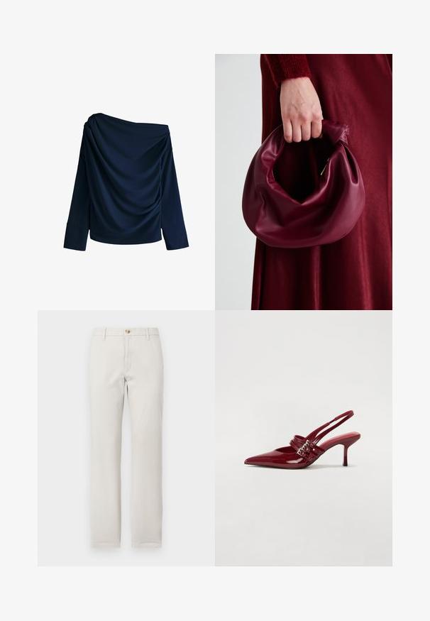 Mornarska off-the-shoulder majica iz gladkega materiala, z drapiranimi detailli in dolgimi rokavi s širokimi manšetami.; Naravne hlače bež barve s ravnimi nogami, z obročki za pas, sprednjim gumbom in zadrgo na preprosti beli podlagi.; Rde lakirane sandalete na peto s ostrim nosom, dvema sponkami in tanko, srednje visokim peto središče. Gladka tekstura.; Bordo usnjeni ročni torbici s mehak, nabrana zasnova in okrogla oblika. Ročaj je varen in prikazuje gladko teksturo.