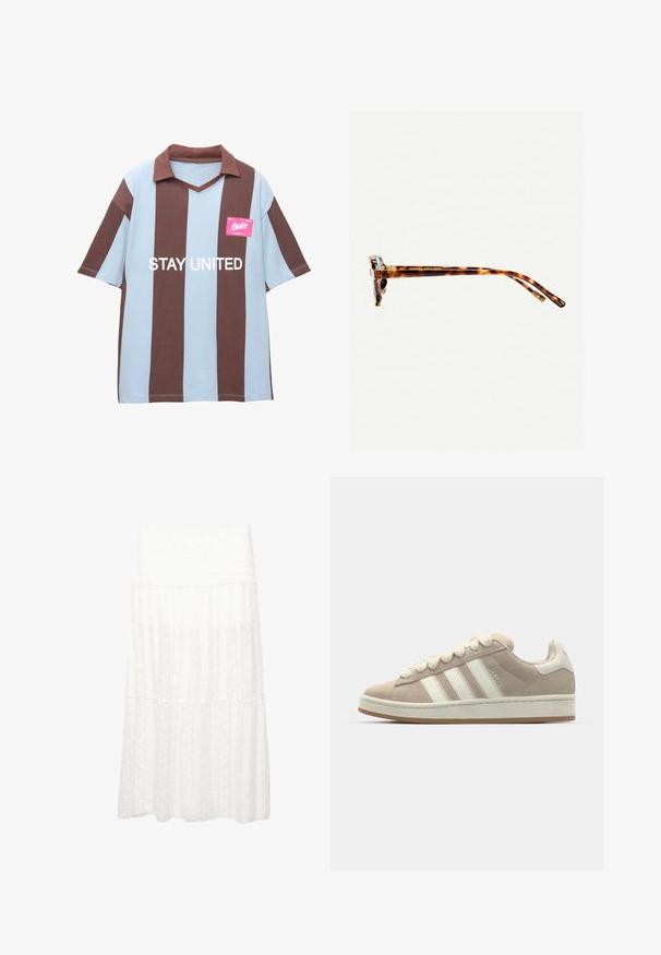 Barna és világoskék csíkos, rövid ujjú pólóing V-nyakkal; rózsaszín címkével rendelkezik, amelyen fehér betűkkel a "STAY UNITED" felirat áll.; Fehér, réteges szoknya texturált anyagból, széles derékrésszel és légies dizájnnal. Az anyag finom mintázatokat mutat az egész felületen.; Barna velúr sneaker fehér bőrsávokkal és fűzőkkel, gumitalp, párnázott nyak és texturált részletek a felső oldalon.; Teknőc mintás napszemüveg vastag kerettel, enyhén ívelt oldalakkal és sima felülettel. Klasszikus dizájn jellemzi, fényes kivitelben.; Barna bőr válltáska texturált felülettel, ívelt formával, aranyszínű fémrészekkel, állítható pánttal és fedélzárral.