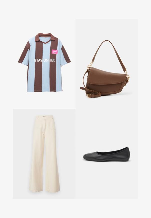 Polo cu mânecă scurtă în dungi maro și albastru deschis, cu guler în V; prezintă o etichetă roz cu textul „STAY UNITED” imprimat în alb.; WEEKEND MaxMara FILTRO - Pantaloni - ecru; Balerini din piele neagră, cu vârf rotund, textură netedă, detalii de cusătură minimale și un design al tălpii flexibil.; Geantă de umăr din piele maro, cu un finisaj texturat, formă curbă, accesorii aurii, curea reglabilă și închidere cu clapetă.
