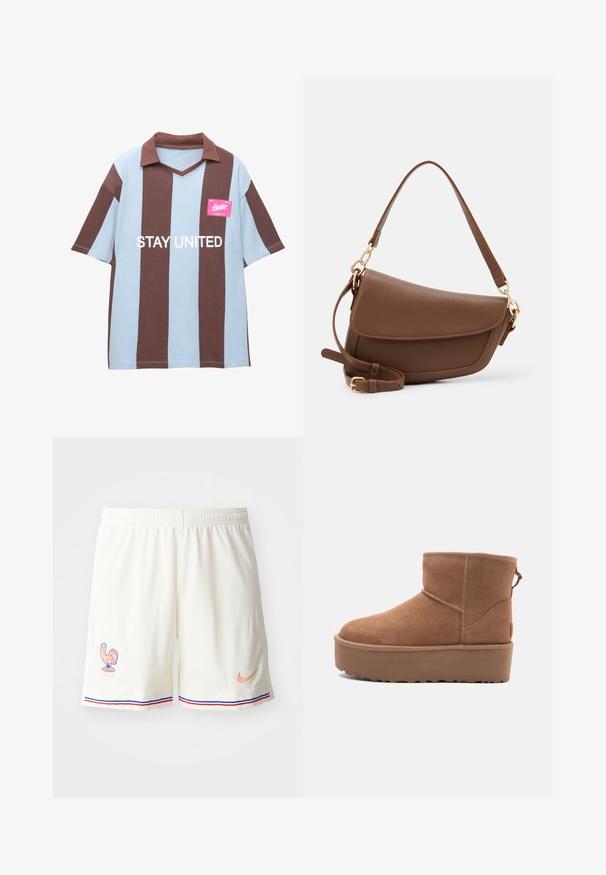 Bela in svetlo modra pásasta kratka majica polo s V-izrezom; ima roza oznako z napisom "OSTANI ENOTNI" v beli barvi.; Bela atletska kratka hlača z teksturirano tkanino, emblemom petelina in kontrastnimi modrimi ter rdečimi črtami na robu. Nike logo v breskev barvi.; Bela antilopova gležnjača s platformom, okruglim vrhom i dekorativnim šavovima; ima uvučenu petlju straga za lakše oblačenje.; Brah zlatna usnjena torba za rame z teksturirano površino, ukrivljeno obliko, zlatim okovjem, nastavljivim trakom in pokrovom.