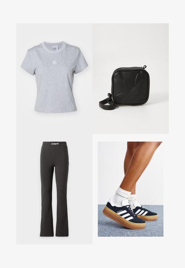 adidas Originals ESS SLIM - Jednoduché tričko - medium grey heather; Černé rozšířené kalhoty vyrobené z elastické látky s jemnou texturou. Mají široký pas se znakem na horní části.; Černé semišové tenisky s bílými pruhy a detaily, zaoblenou špičkou, podrážkou z gumy barvy žvýkačky, doplněné bílými žebrovanými ponožkami ke kotníkům.; Černá crossbody taška vyrobená z texturovaného syntetického materiálu. Obsahuje embosované logo a nastavitelné popruhy. Zapínání na zip.