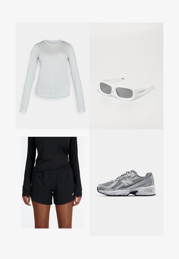 Dolga majica iz svetlo sive mrežaste tkanine s okroglim izrezom, ki ima subtilen teksturiran vzorec in majhen logotip na prsih.; Črne atletske kratke hlače z elastičnim pasom in odsevnimi logotipi. Tkanina se zdi lahka in gladka, pri čemer nudijo udoben in sproščen kroj.; Sive športne čevlje z mrežastim zgornjim delom, srebrnimi akcenti, oblazinjenim ovratnikom in belim srednjim podplatom ter črnim podplatom.; Bela pravokotna Oakley sončna očala s temnimi lečami, ki ležijo na beli površini, logotip je viden na strani.
