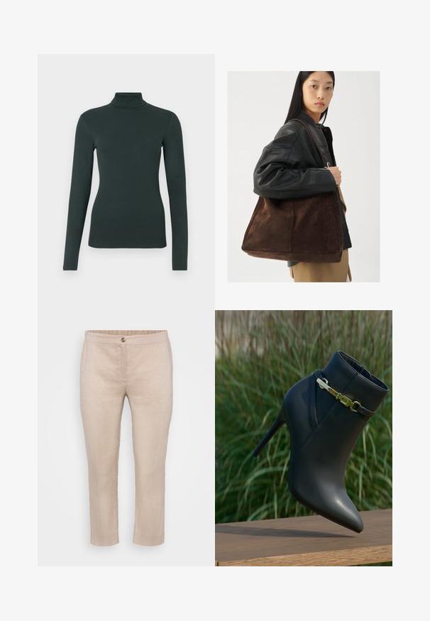 Mørkegrønn langermet turtleneck topp med tettsittende silhuett på en ensfarget hvit bakgrunn.; Beige linstoff bukser med cropped snitt, flat front, knappelukking og elastisk liv. Jevn tekstur med minimale sømmer og ingen lommer.; Svart høyhælte ankelstøvlett med spiss tå og gullspenne, vist på en treflate med grønt bladverk i bakgrunnen.; Brun semsketoteveske med bred form og myk tekstur, med en enkelt stropp og minimal maskinvare mot en nøytral bakgrunn.