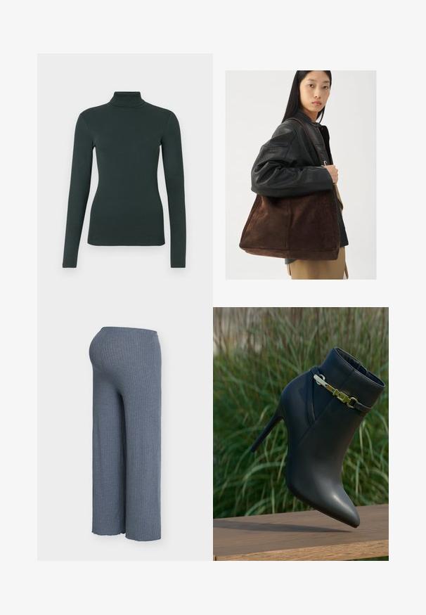 Tummanvihreä pitkähihainen poolopaita, jossa on vartalonmyötäinen malli, valkoista taustaa vasten.; Pehmeästä sinisestä kankaasta valmistetut ribbineulotut leveälahkeiset housut, joissa on joustava vyötärönauha ja virtaava siluetti, joissa näkyvä tekstuuri kauttaaltaan.; Musta korkokenkäinen nilkkuri, jossa on terävä kärki ja kultaiset solkiyksityiskohdat, esitetty puupinnalla vihreän kasvillisuuden taustalla.; Ruskea mokkanahkainen kassi, joka on leveä ja pehmeä tekstuuri, varustettuna yhdellä hihnalla ja minim hardwarella neutraalissa ympäristössä.