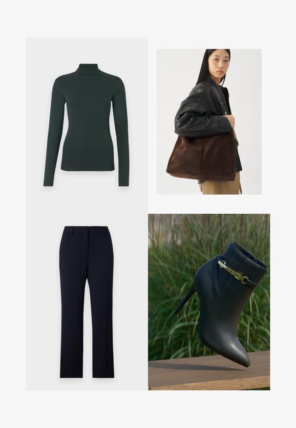 Tume roheline pikkade varrukate ja kõrge kaelusega top, millel on peenike siluett, valgel taustal.; Tumed sinine kohandatud pükste lõige, sirge lõige, valmistatud siledast kangast. Omab vööpaelu, esipidureid ja puhta vööosa disaini.; Mustad mustakäikuga king, terava nina ja kuldse pandlaga, paigutatud puidust pinnale rohelise lehestiku taustal.; Pruun suede totes kott laia kujuga ja pehme tekstuuriga, millel on üks rihm ja minimaalne riistvara neutraalses taustas.