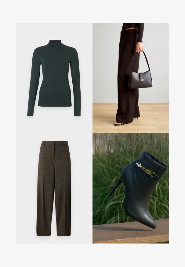 Camisola de gola alta de manga longa em verde escuro com silhueta ajustada sobre um fundo branco liso.; Calças largas castanhas com um tecido texturizado, apresentando uma cintura ajustada, passadores para cinto e dois bolsos frontais.; Bota de salto alto preta com bico fino e detalhe em fivela dourada, exibida sobre uma superfície de madeira com fundo de folhagens verdes.; Bolsa preta com forma estruturada, textura suave e um fecho metálico. Combinada com calças largas pretas e sandálias de salto aberto sobre um chão de madeira.