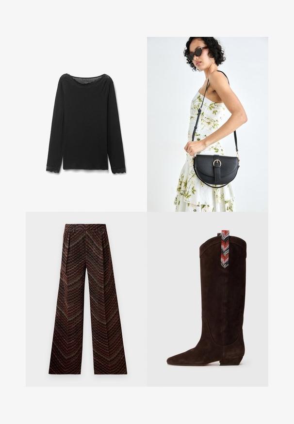 Czarna bluzka z długim rękawem, wykonana z miękkiego materiału, z falbaniastą koronką wzdłuż dekoltu i mankietów, co dodaje delikatnego akcentu.; Spodnie o szerokich nogawkach z wysokim stanem i wzorem w zygzaki w odcieniach brązu, czerni, różu i zieleni na białym tle.; Brązowy zamszowy botek do kolan z ostro zakończonym noskiem i niskim słupkowym obcasem. Posiada wzorzystą, wielokolorową pętelkę z tyłu.; Czarna skórzana torebka o zakrzywionym kształcie, z odpinanym paskiem i złotymi akcentami. Torebka posiada klapę z zapięciem w kształcie klamry.