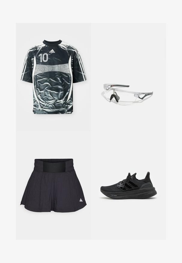 Maillot de sport Adidas noir avec le numéro 10 en blanc, des rayures blanches sur les manches et un design de panneaux blancs à l'avant et sur les côtés.; adidas Performance TENNIS PRO AEROREADY SEERSUCKER - Short de sport - black; Baskets de sport noires avec une tige en tricot respirant, un design texturé, les trois bandes emblématiques et une semelle épaisse et rembourrée portant l'étiquette "LIGHT BOOST".; Lunettes de sécurité transparentes avec une monture légère et transparente, et des accents gris. Dotées d'un design enveloppant et d'un nez ajustable.