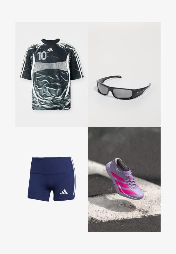 Černý sportovní dres Adidas se bílým číslem 10, bílými pruhy na rukávech a bílým designem panelů na přední části a po stranách.; Tmavě modré sportovní šortky s těsným střihem, vyrobené z hladké látky, s bílými bočními pruhy a logem na dolní levé straně.; Světlé purpurové běžecké boty s růžovými pruhy a akcenty, které mají elegantní design, texturovaný svršek a polstrovaný límec. Které se vznášejí nad povrchem.; Černé sluneční brýle Oakley ve tvaru obrouček s tmavými obdélníkovými skly a zakřivenými stranami na čistě bílém pozadí.