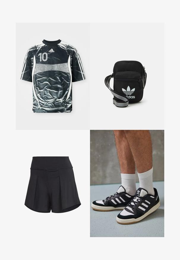 Black Adidas sports jersey with white number 10, white stripes on sleeves, and white panel design on front and sides.; Black athletic shorts with a wide waistband, featuring pleats, a smooth texture, and a relaxed fit. Suitable for sports or casual wear.; Black and white sneakers with a suede and leather upper, featuring three white stripes, a perforated toe, and a gum rubber sole.; Black fabric crossbody bag with a zipper closure, featuring a white Adidas logo and a striped adjustable strap for easy carrying.