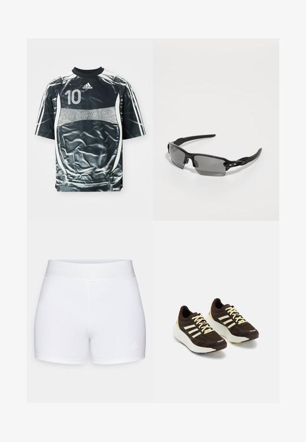 Svart Adidas sports jersey med hvit nummer 10, hvite striper på ermene, og hvit paneldesign foran og på sidene.; Hvite atletiske shorts med en jevn tekstur, elastisk midjebånd med preget logo, og et minimalistisk design.; Brune mesh sneakers med hvite striper og gule snører. Har en tykk hvit såle og teksturerte overflater for grep.; Sorte sportsbriller med grå linser, en buet rammedesign og logodetaljer på siden. Laget av lett plastmateriale.
