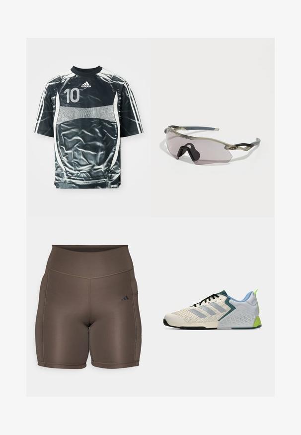Camiseta deportiva negra de Adidas con el número 10 en blanco, franjas blancas en las mangas y un diseño de paneles blancos en el frente y los lados.; Pantalones cortos deportivos marrones con una textura suave, cinturilla alta y costuras oscuras contrastantes. Presenta un pequeño logotipo negro en el lado izquierdo.; Zapatillas deportivas ligeras con parte superior de malla color crema, franjas grises, un acento verde y un contador de talón texturizado en azul. Cordones negros.; Gafas de sol con un marco gris translúcido, lentes tintados y diseño angular. Cuenta con una pieza nasal distintiva y patillas texturizadas en gris oscuro.