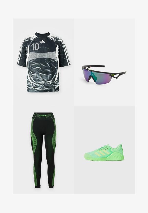 Zwarte Adidas sporttrui met witte nummer 10, witte strepen op de mouwen en een wit paneelontwerp aan de voorkant en zijkanten.; MISBHV Legging - black/green; Groene sportieve schoen met een bovenwerk van mesh, contrasterende lichtgroene strepen, gestructureerde hiel en rubberen zool met een ruitpatroon.; Sport zonnebril met een zwart montuur, grote verlooplenzen met paarse en groene tinten, en hoekige ontwerpaccenten met logo-details.