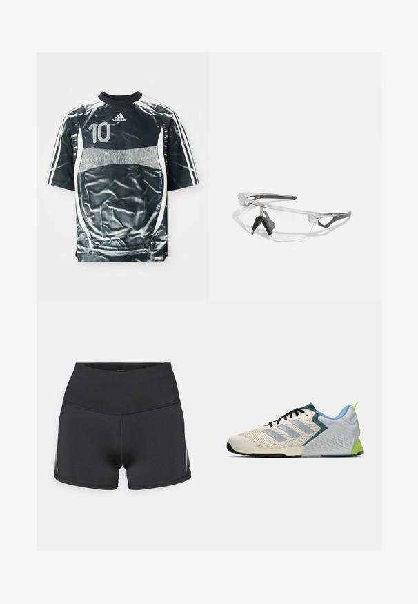 Czarna koszulka sportowa Adidas z białym numerem 10, białymi paskami na rękawach oraz białym wzorem na przodzie i bokach.; Czarne sportowe szorty z wysokim stanem, wykonane z elastycznego materiału. Posiadają białe paski po bokach oraz płaskie szwy dla komfortu.; Lekkie buty sportowe z kremową siateczką, szarymi paskami, zielonym akcentem i teksturowanym niebieskim zapiętkiem. Czarne sznurówki.; Przezroczyste okulary ochronne z lekką, przezroczystą ramką i szarymi akcentami. Posiadają opływowy kształt oraz regulowany nosek.