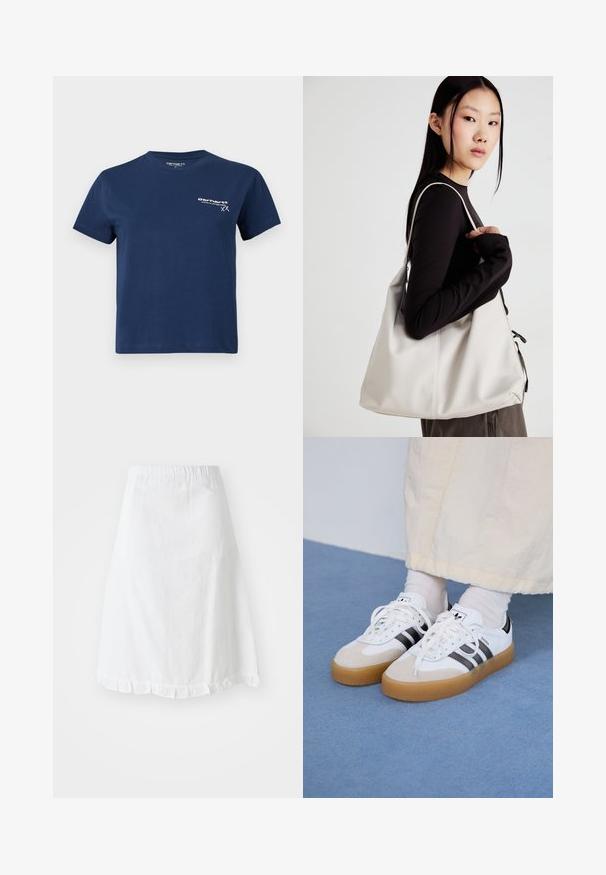 T-shirt de algodão azul-marinho com mangas curtas, decote redondo e um logótipo branco impresso no lado esquerdo da frente. Design simples, textura suave.; Saia branca com cintura elástica, apresentando um padrão texturizado e uma bainha com babados na parte inferior. Design simples em linha A.; Ténis brancos com riscas pretas e detalhes em camurça bege. Apresentam uma sola de borracha texturizada e atacadores brancos lisos, usados com meias de tom claro.; Uma bolsa bege feita de material macio, com um design descontraído, detalhes de costura e duas alças para o ombro. Adequada para uso diário.