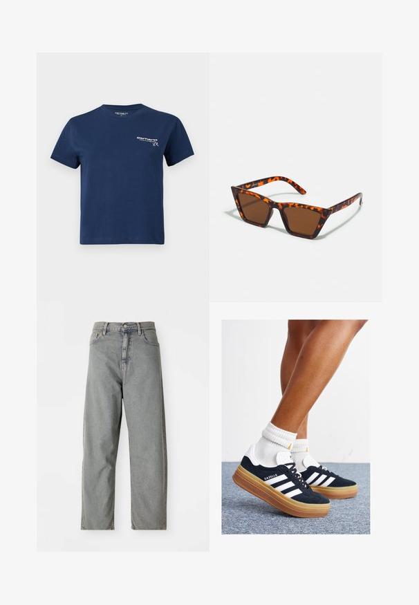 Camiseta de algodón azul marino de manga corta, con cuello redondo y un logo blanco impreso en el lado izquierdo del pecho. Diseño sencillo, textura suave.; Jeans de mezclilla gris claro con un diseño de pierna recta, que presentan un cierre frontal de botón, cinco bolsillos y un desvanecimiento sutil.; Zapatillas deportivas de gamuza negra con rayas y detalles blancos, puntera redondeada, suela de goma color caramelo, combinadas con calcetines blancos acanalados a la altura del tobillo.; Gafas de sol con tonalidades marrones y un patrón de carey, de montura angular y brazos delgados. Material plástico ligero.