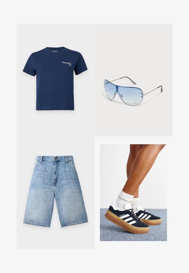 Navyblaue Baumwoll-T-Shirt mit kurzen Ärmeln, Rundhalsausschnitt und einem weißen Logo, das auf der linken Vorderseite aufgedruckt ist. Einfaches Design, glatte Textur.; Helles blaues Denim-Shorts mit lockerer Passform, Fünf-Taschen-Design und einem Knopfverschluss am Bund. Ausgefranster Saum an den Beinen.; Schwarze Wildledersneaker mit weißen Streifen und Akzenten, rundlicher Zehenbereich, Sohlen aus braunem Gummi, kombiniert mit weißen, gerippten Sneakersocken.; Flugzeugbrille mit einem verlaufenden blauen Glase, silbernem Metallrahmen und dekorativen Sternelementen auf dem Glas. Glattes und elegantes Design.