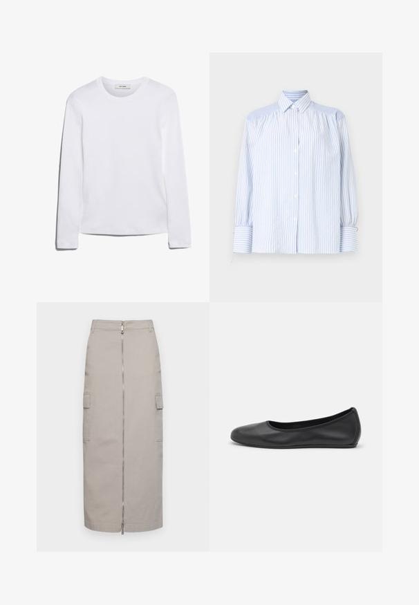 Långärmad vit T-shirt i ribbad bomull, med rund halsringning och rak kant. Enkelt mönster utan mönster eller detaljer.; Ljusblå randig skjorta med knappar, krage, puffärmar och elastiska ärmslut. Texturerade axelpartier kontrasterar med det släta tyget.; Knälång grå kjol i bomull med en dragkedja fram och två sidofickor, med rak skärning och rena linjer.; Svart läderballerinaskor med rund tå, slät yta, minimala söm detaljer och en flexibel sula.