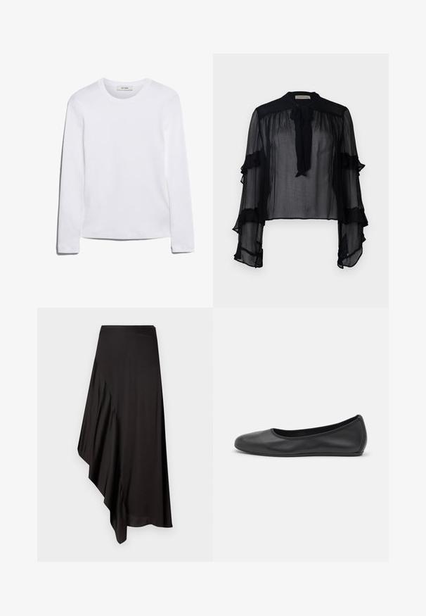 Langärmliges weißes T-Shirt aus geripptem Baumwollstoff, mit rundem Ausschnitt und geradem Saum. Einfaches Design ohne Muster oder Akzente.; Schwarze durchsichtige Bluse mit langen, gerafften Ärmeln und einer Schleife am Hals. Besteht aus leichtem Material und hat eine lockere Passform, die sich gut zum Schichten eignet.; AERON ASTER SKIRT - Bleistiftrock - black; Schwarze Leder-Ballettschuhe mit abgerundeter Spitze, glatter Textur, minimalen Nähdetails und einem flexiblen Sohlen-Design.