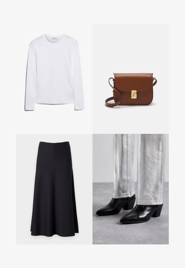 Long-sleeve white T-shirt made of ribbed cotton, featuring a round neckline and a straight hem. Simple design with no patterns or accents.; Black flared skirt made of soft fabric, featuring a smooth surface, knee-length cut, and a simple, clean design with no visible fastenings.; Black leather ankle boots with a pointed toe and block heel, paired with shiny silver pants, showcasing sleek textures and contrasting colors.; Brown leather handbag with a flap closure, gold-tone hardware, a shoulder strap, and a smooth texture. Compact rectangular shape.