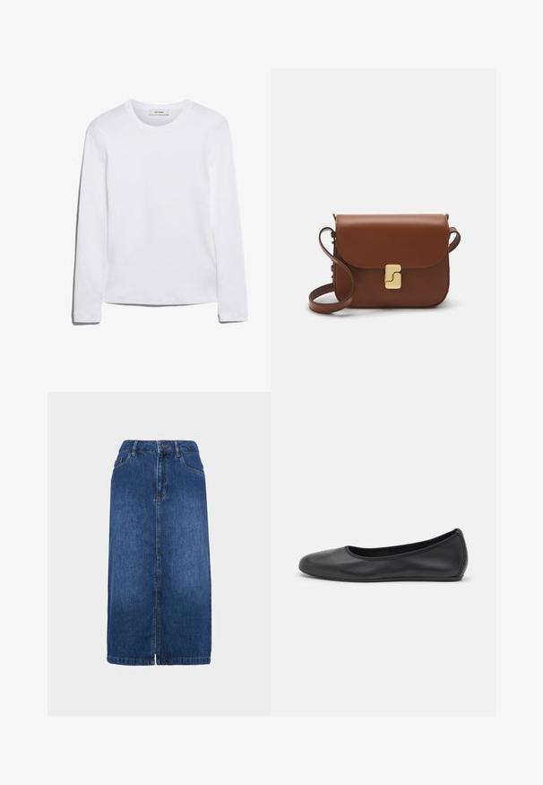 T-shirt blanc à manches longues en coton côtelé, avec un col rond et un ourlet droit. Design simple sans motifs ni accents.; Jupe en denim bleu foncé avec une coupe droite, de longueur mi-longue, fermeture à boutons à l'avant et détails de coutures subtils. L'ourlet est légèrement effiloché.; Ballerines en cuir noir avec un bout rond, texture lisse, détails de couture minimalistes et design de semelle flexible.; Sac à main en cuir marron avec une fermeture à rabat, des accents en métal doré, une bandoulière et une texture lisse. Forme rectangulaire compacte.