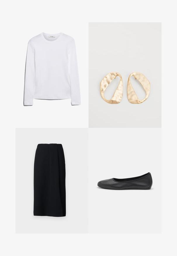 Long-sleeve white T-shirt made of ribbed cotton, featuring a round neckline and a straight hem. Simple design with no patterns or accents.; Weekend Max Mara DEBORAH - Pencil skirt - nero; Black leather ballet flat with a rounded toe, smooth texture, minimal stitching detail, and a flexible sole design.; Pair of irregular oval-shaped gold-toned metal earrings with a textured, slightly hammered surface on a white background.